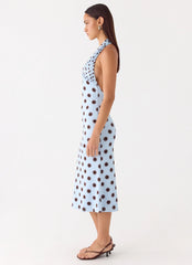 Vestido Awuku Midi - Poá Mocha Azul