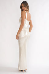 Vestido maxi Delaina con cintura fruncida y detalles dorados Pearl