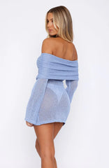 Vestido mini de manga larga de buclé Can't Leave Me azul aciano