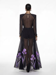 Iris Floral Print Long-Sleeve Sheer Gown - Black/Purple