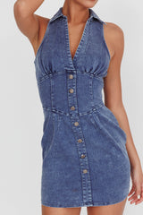 Vestido Colarinho Falso Botões South Beach Jeans Escuro