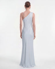 Floral Appliqué One Shoulder Maxi Dress - Light Blue