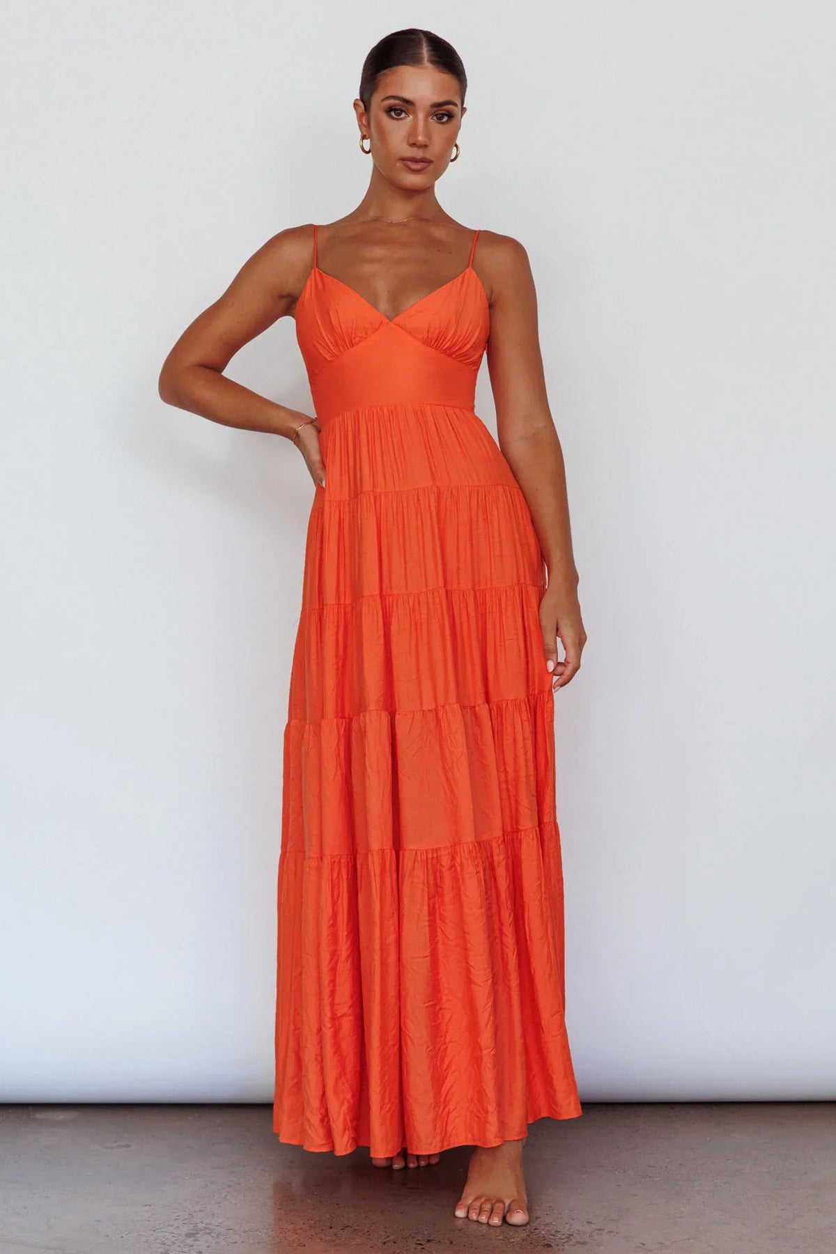 Vestido Longo de Alça com Detalhe na Cintura Laranja Tangerina