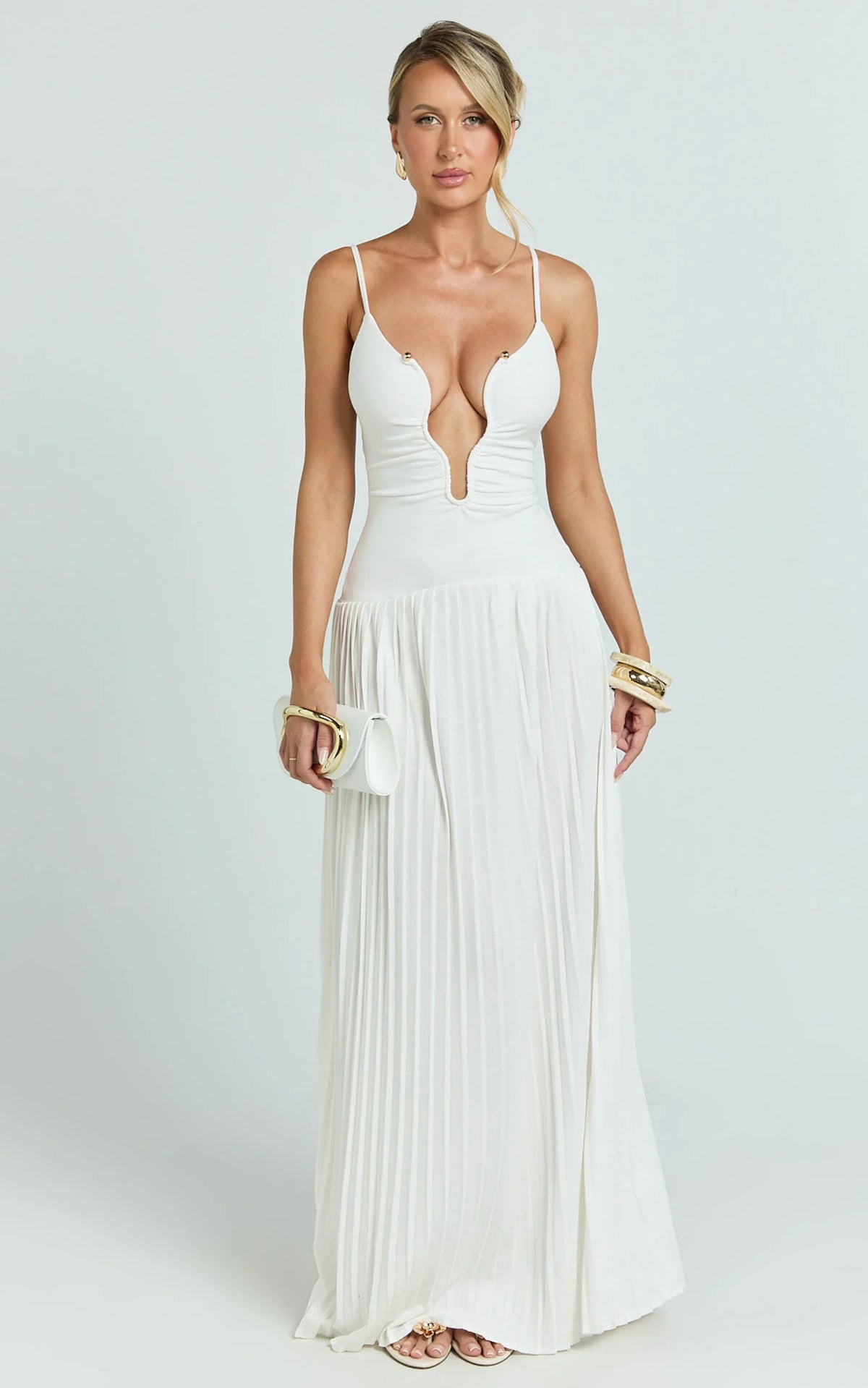 Vestido longo Hathaway - Vestido plissado com decote em U na cor marfim