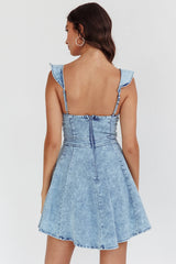 Minivestido Nola con tirantes de volantes de mezclilla clara