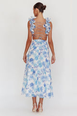 Vestido largo con espalda de cordones Madara estampado floral azul