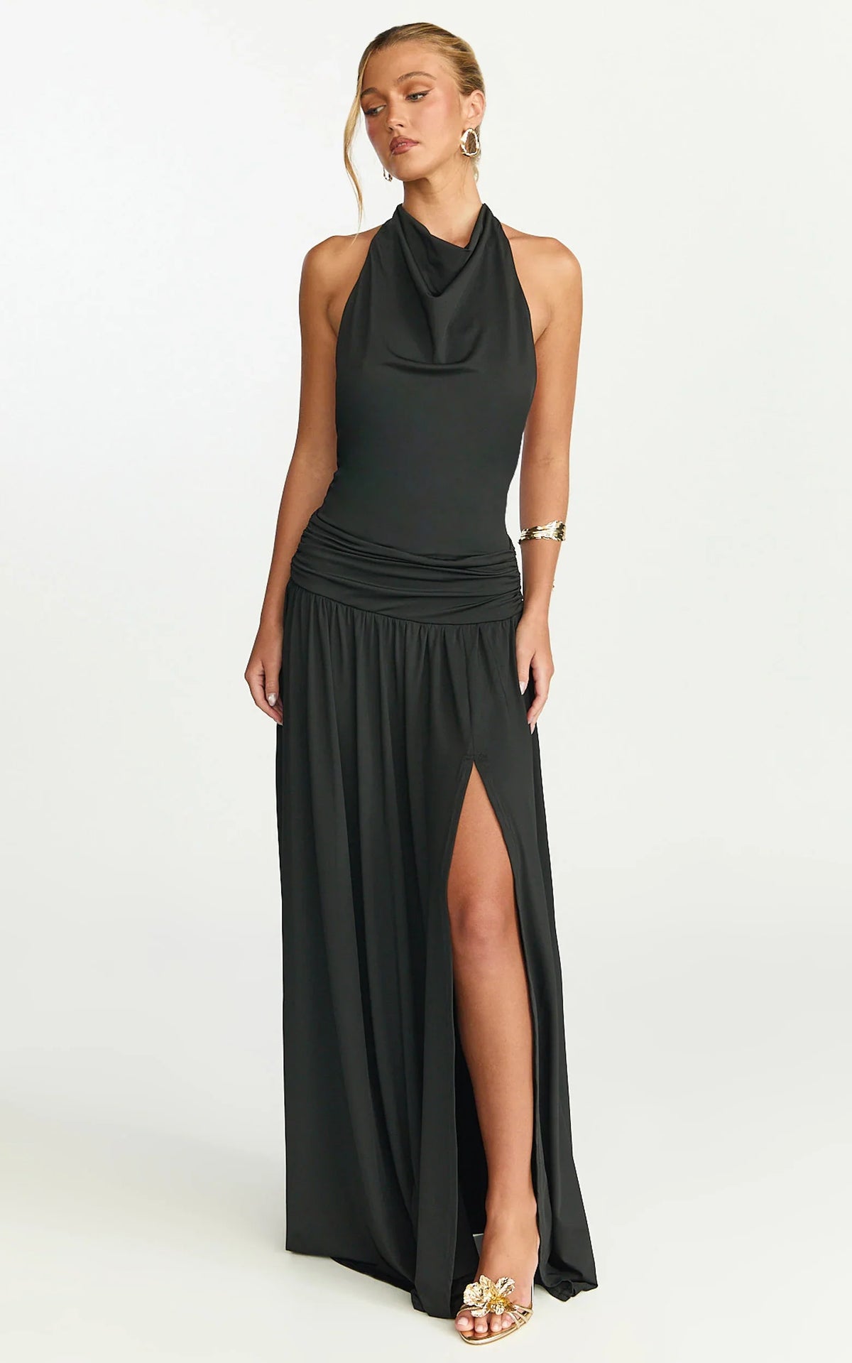 Vestido largo Sophia - Vestido de punto sin espalda con cuello desbocado en negro