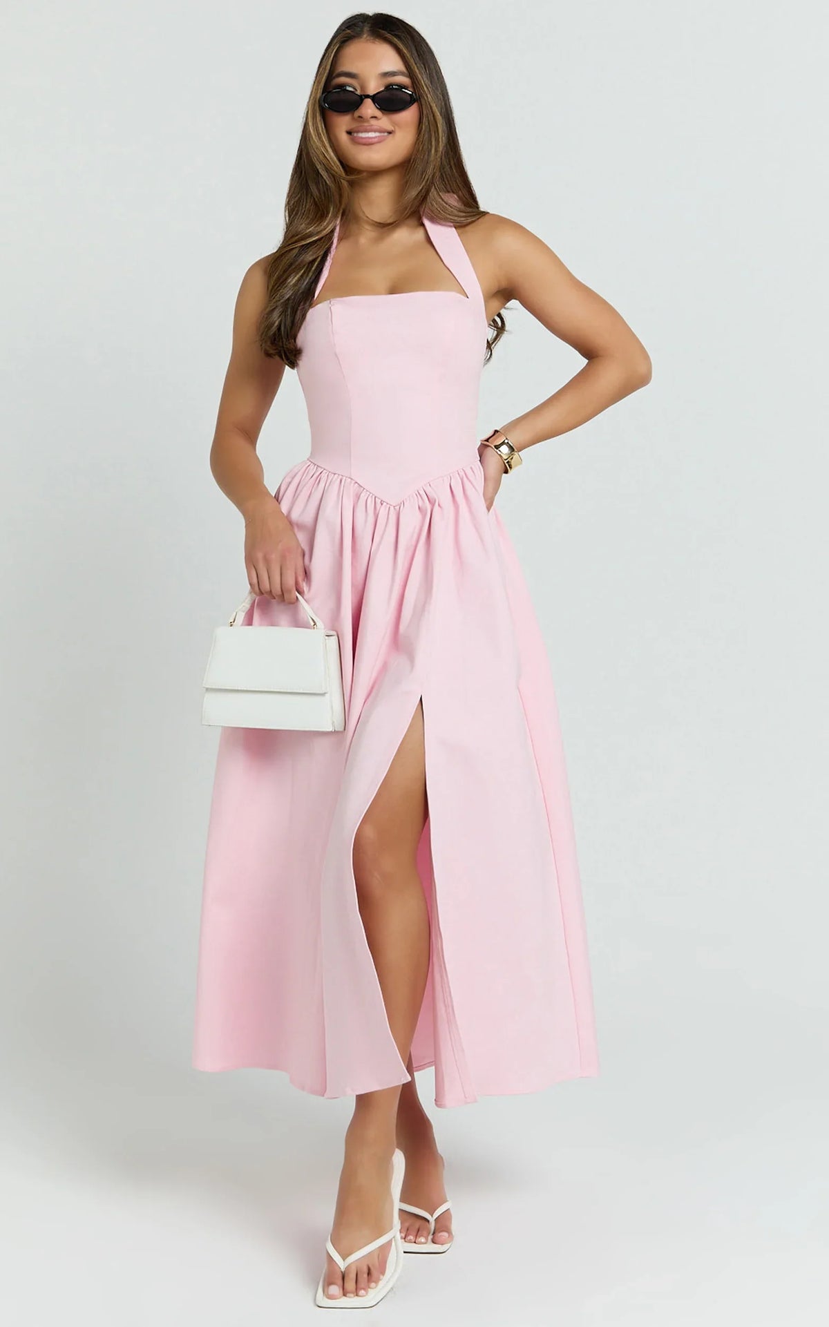Vestido Helda Midi - Vestido com Painel de Corset e Amarração Halter Rosa