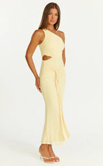 Vestido Midi Mandy - Vestido de Malla con Aberturas y Detalle de Nudo en Color Limón