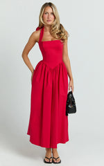 Vestido Midi Helda - Vestido com Painel Corpete e Amarração Halter no Pescoço em Vermelho