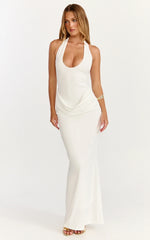 Heath Maxi Dress - Scoop Halter Neck With Drape Front Skirt Back Split Dress in Off White