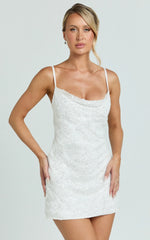 Minivestido Alana - Vestido de Renda com Lantejoulas e Decote Drapeado Branco