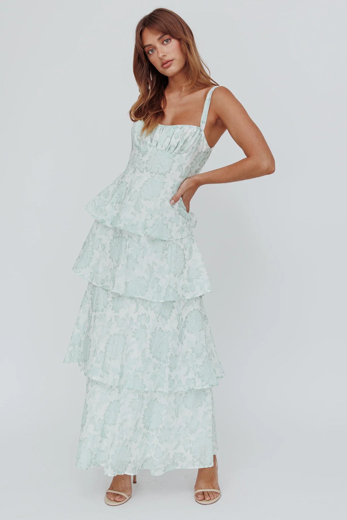 Vestido longo Provence Bloom Floral Sage com camadas