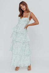 Vestido longo Provence Bloom Floral Sage com camadas