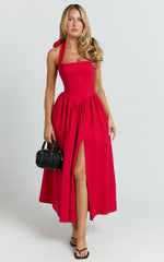 Vestido Midi Helda - Vestido com Painel Corpete e Amarração Halter no Pescoço em Vermelho
