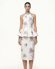Iris Print High-Waisted Pencil Midi Skirt - White/Purple