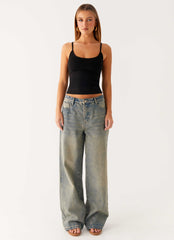 Keanna Jeans de mezclilla de tiro bajo - Lavado sucio