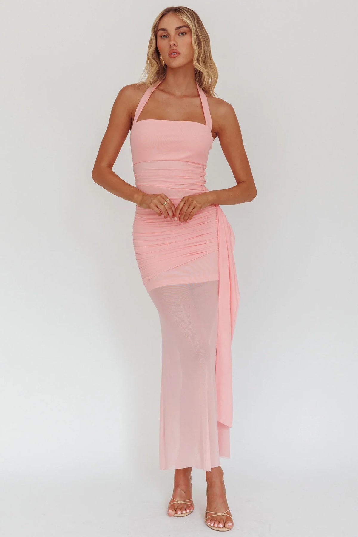 Vestido Maxi Rosa Rebekkah Halterneck com Faixa Lateral