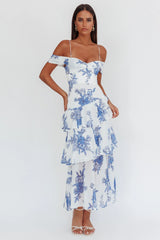 Vestido Longo Veda Ombro a Ombro Floral Azul