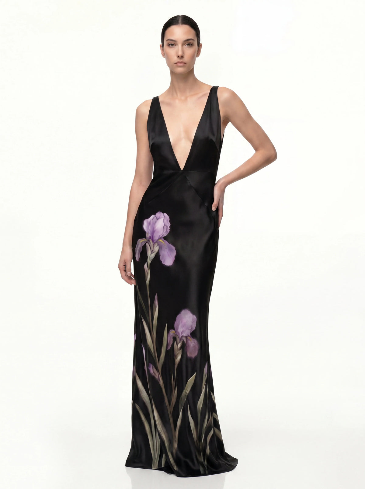 Floral Deep V Maxi Dress - Black