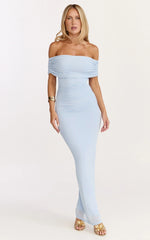 Caterina Maxi - Ruched Off Shoulder Mesh Dress in Pale Blue