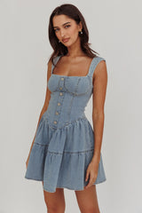 Minivestido Jeans Decote Quadrado Profundo