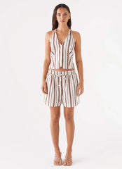 Top cropped Ellie com alça estilo frente única em linho - Listra marrom