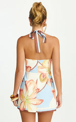 Minivestido Robyn - Vestido cruzado falso con cuello halter y escote cuadrado con estampado retro de flores con borde