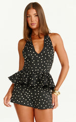 Top Seraphina - Top Peplum con Cuello en V y Estampado de Lunares en Negro