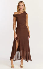 Judee Midi Dress - One Shoulder High Side Split Dress in Chocolate
