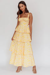 Vestido largo con volantes y estampado floral Provence Bloom, amarillo