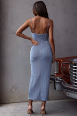 Vestido Midi Frieda com Gola Franzida e Fenda Frontal Azul Meia-Noite