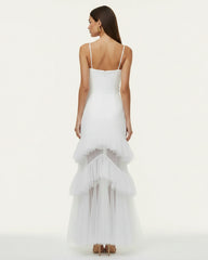 Orchid Embroidered Ruffled Tulle Strapless Maxi Dress - White