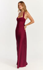 Flynn Maxi Dress - Satin Halter Sweetheart Neck Dress in Wine