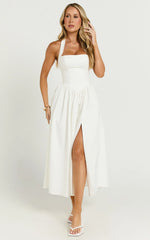 Vestido Midi Helda - Vestido com Painel Corpete e Amarração Halter na Cor Off-White
