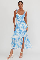 Vestido maxi floral branco/azul com alças e babados Veda