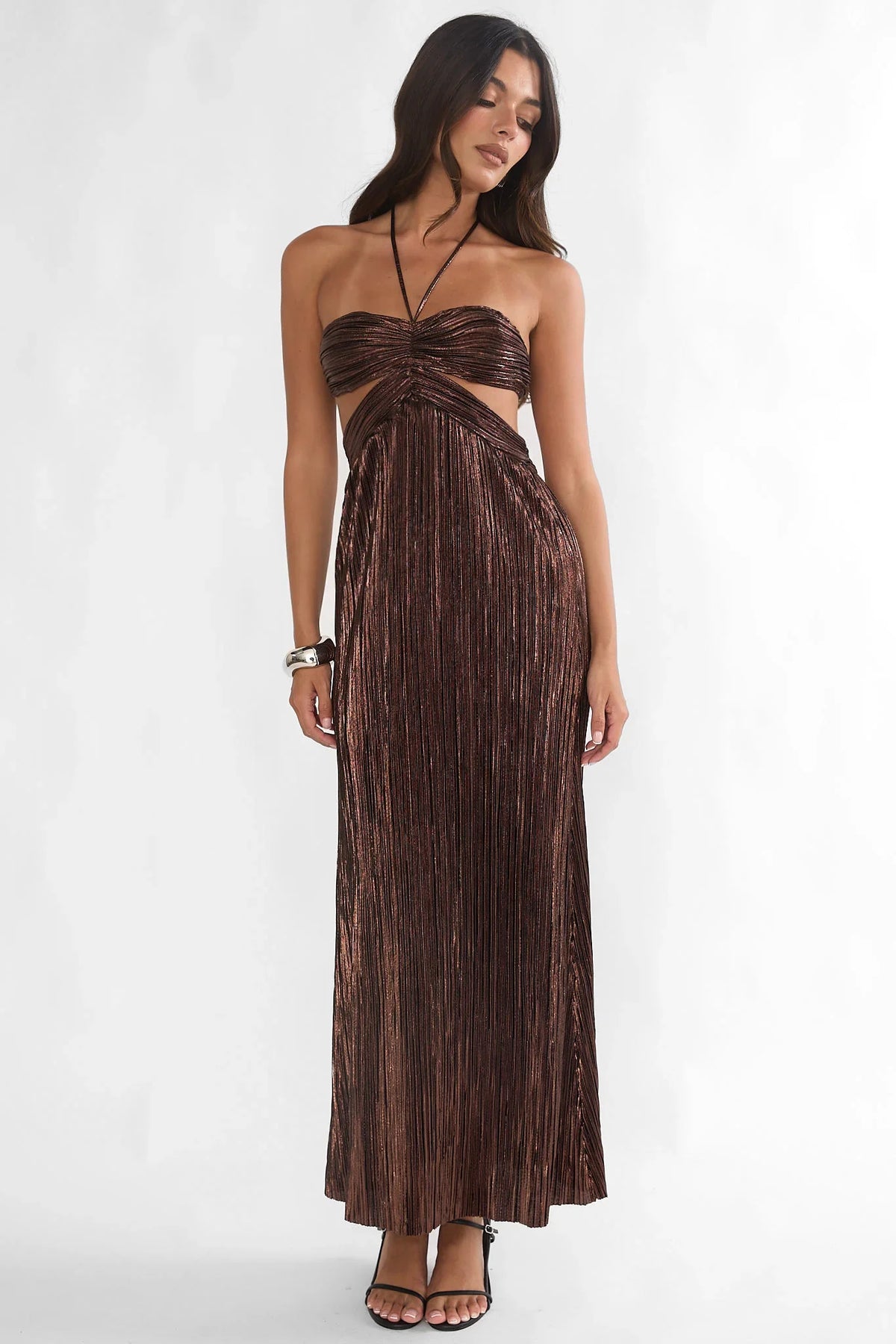 Vestido Maxi Halterneck Recorte Isle Dourado