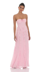 Vestido Longo Chiffon Rosette Ruffle Rosa