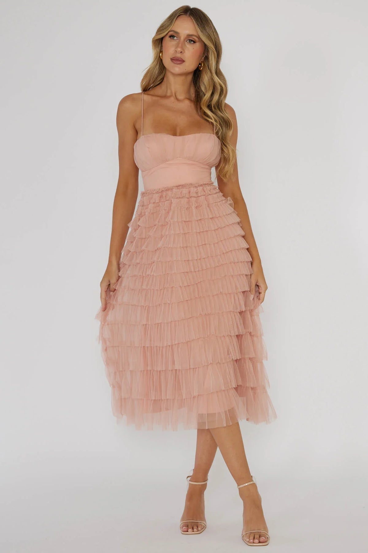 Vestido Midi em Camadas com Babados Garden Party Blush