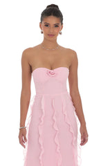 Vestido Longo Chiffon Rosette Ruffle Rosa