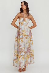 Vestido maxi floral Onika con aberturas y lazo en la espalda, amarillo