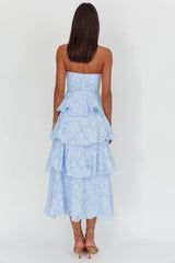 Vestido Midi Giavana sem Alças com Camadas Relevo Floral Azul