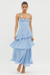 Vestido Renda Floral Com Babados Em Camadas Rose Garden Azul