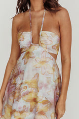 Vestido maxi floral Onika con aberturas y lazo en la espalda, amarillo
