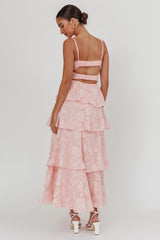 Vestido largo Provence Bloom con volantes y jacquard rosa