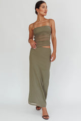Vestido Longo Lorely com Corpete Franzido Verde-Oliva