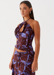 Top de lino Mariella - Floral morado y café