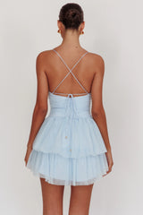 Vestido Nightingale em Tela Franzida Azul Bebê
