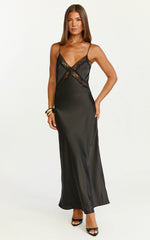 Vestido Christy Midi - Vestido lencero con cuello de pico y detalles de encaje en negro