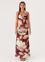 Top Camellia con Cuello Halter - Estampado Floral Marrón